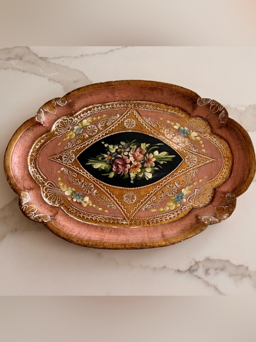 Vintage Florentine Hand Painred Decorative Floral Hand-Painted Oval Tray
